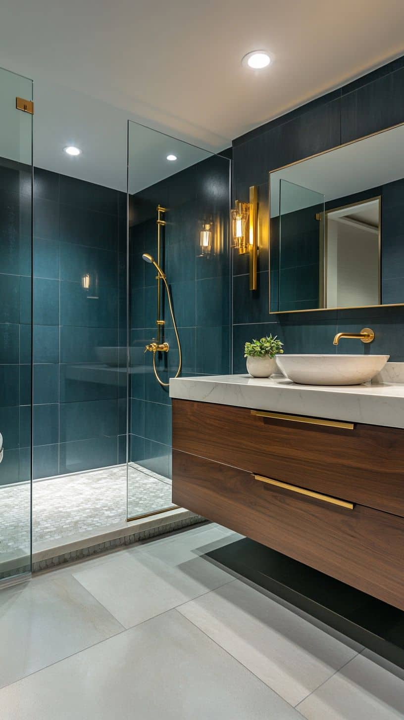 Dark blue green bathroom