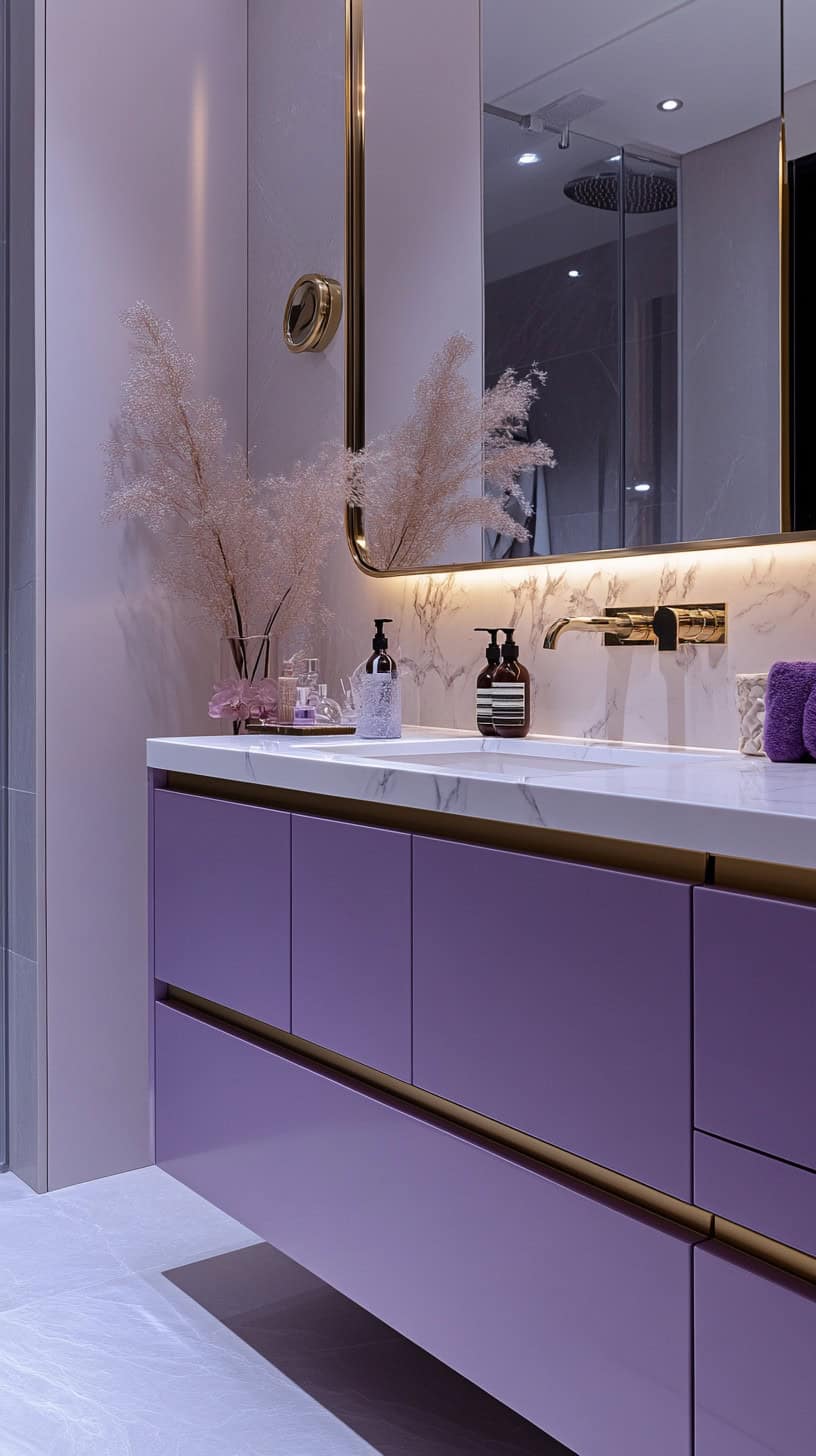 Purple bathroom with vanity cabinets