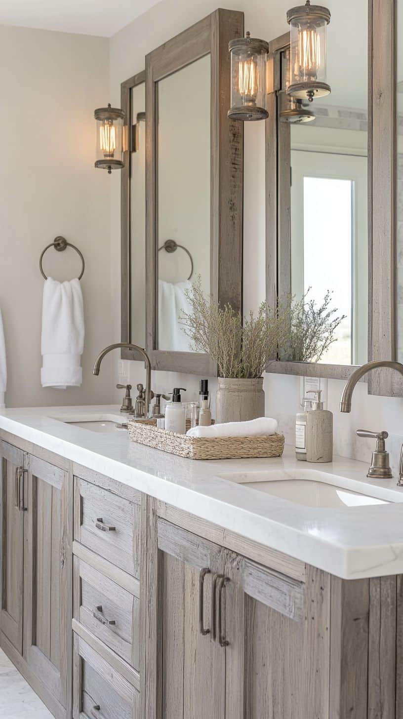 French country bathroom with double sink vanity