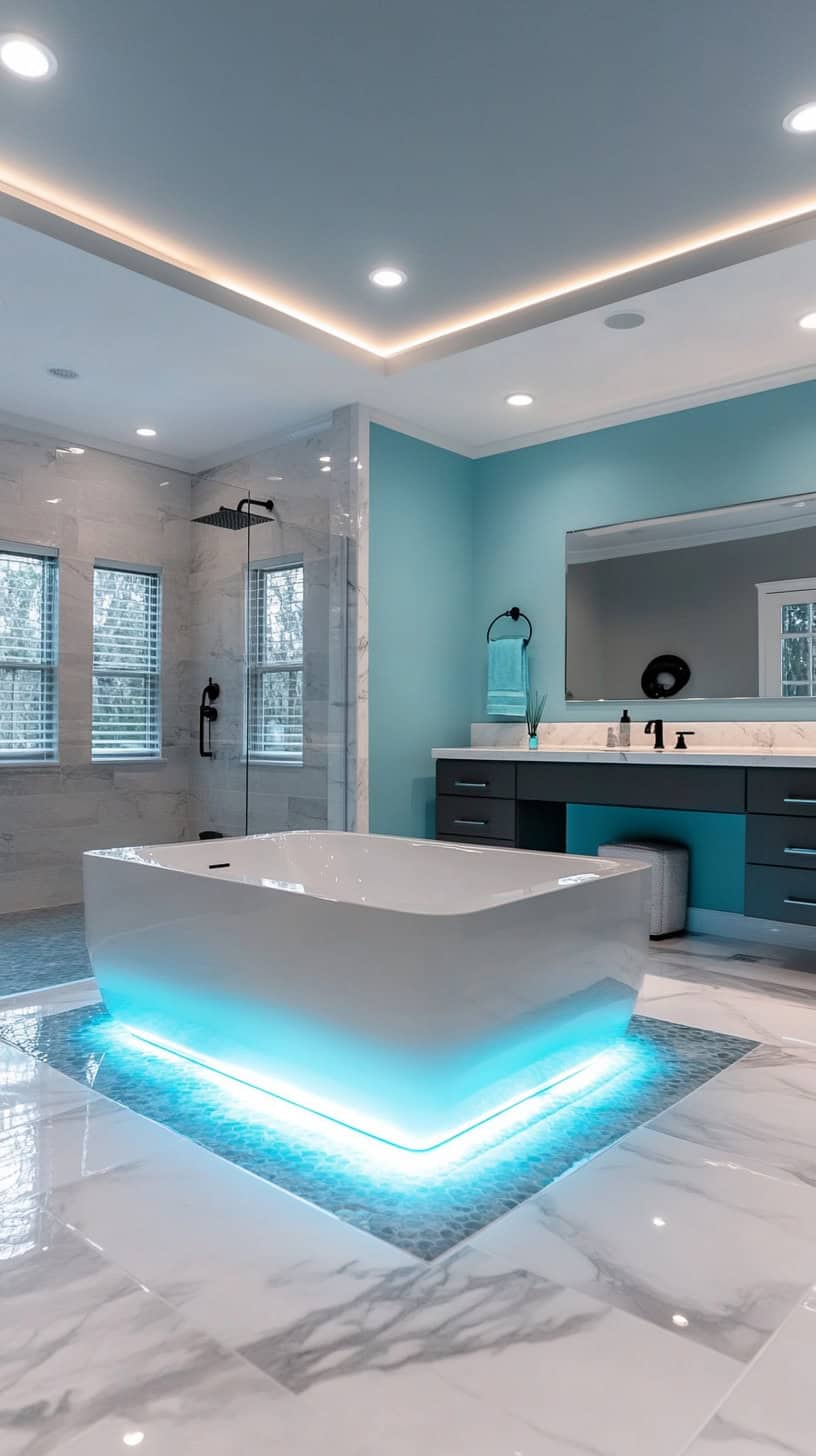 Grey and blue master bathroom
