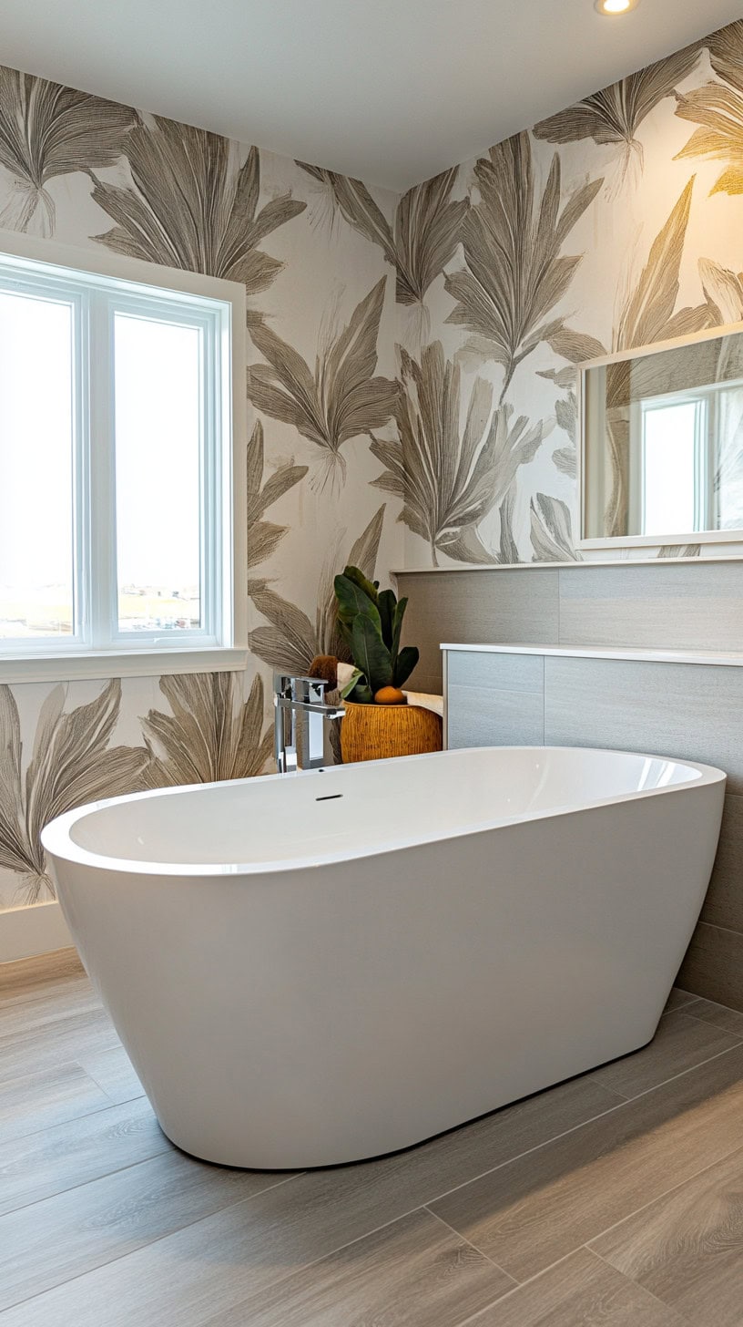 Master bathroom with accent wall wallpaper