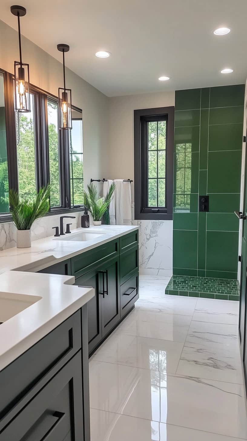 Black, white, and green bathroom