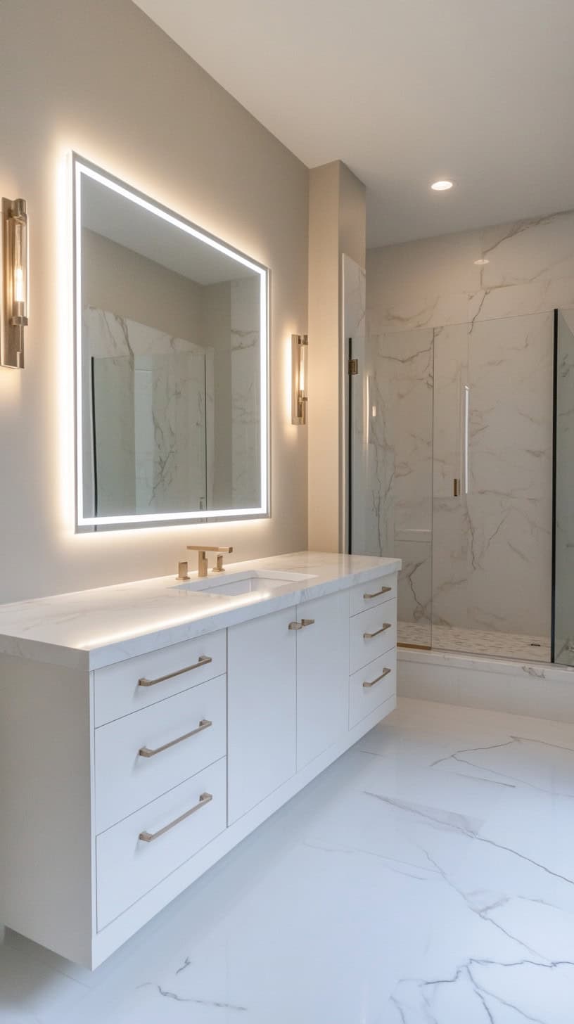 Master bathroom with lighted mirror