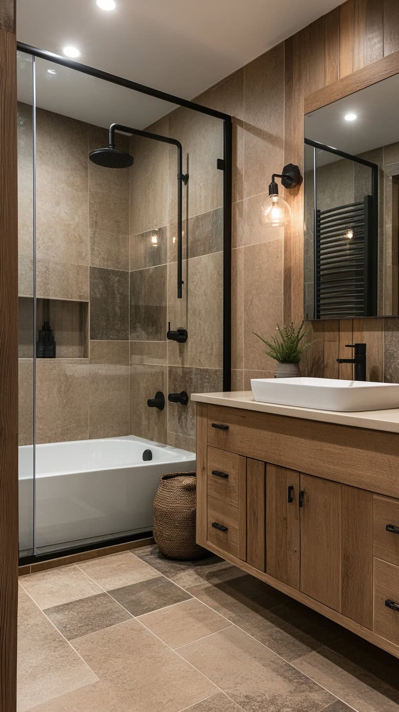 Modern rustic master bathroom with shower tiles