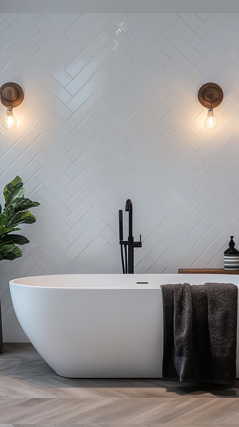 Bathroom with white herringbone tile