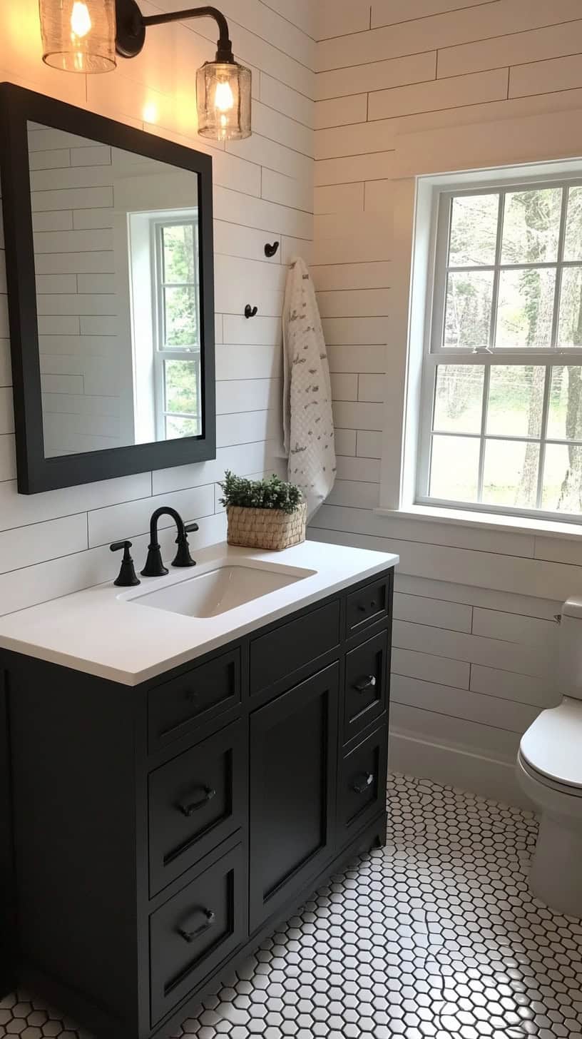 Bathroom with black and white penny tile