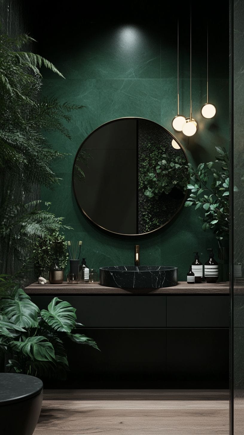 Dark green bathroom with vanity