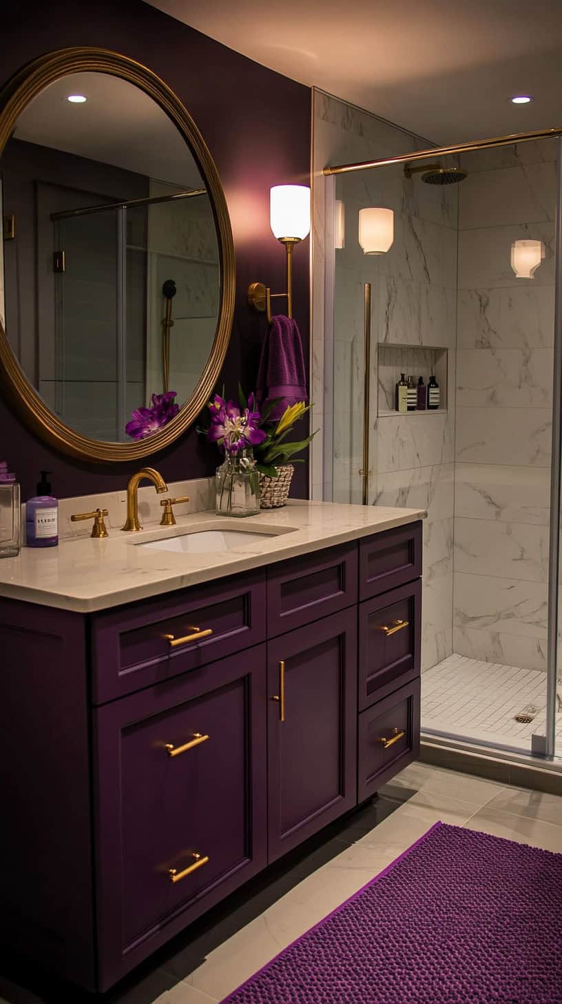 Bathroom with dark purple vanity