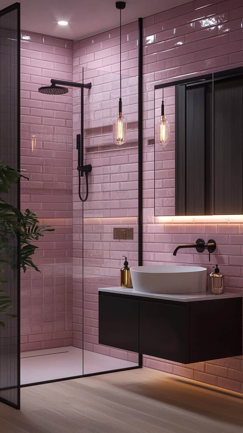 Bathroom with pink subway tile