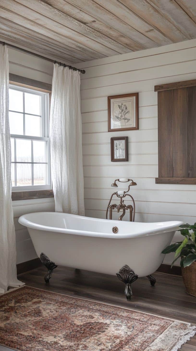Rustic farmhouse bathroom with shower curtains