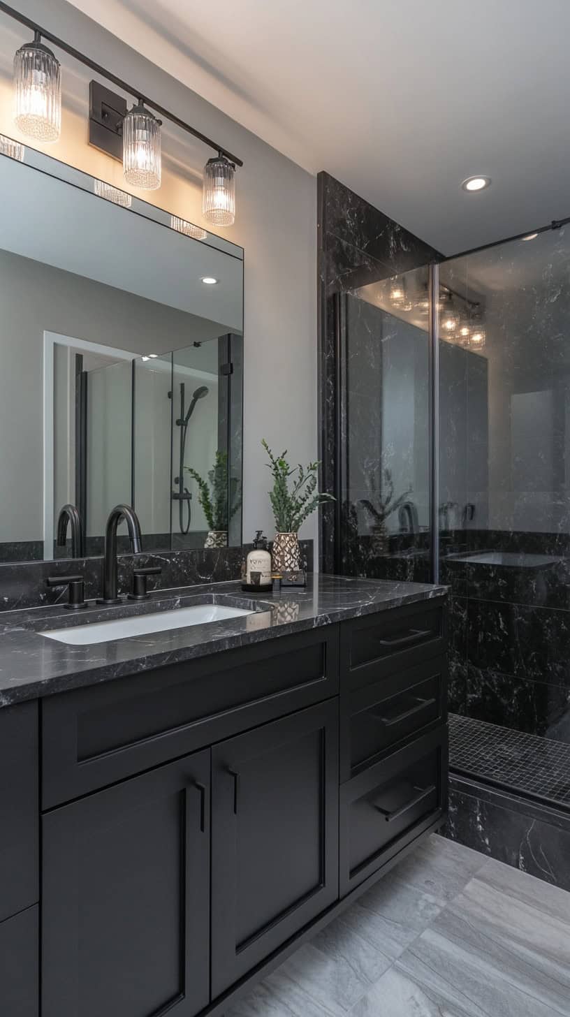 Bathroom with black marble countertops