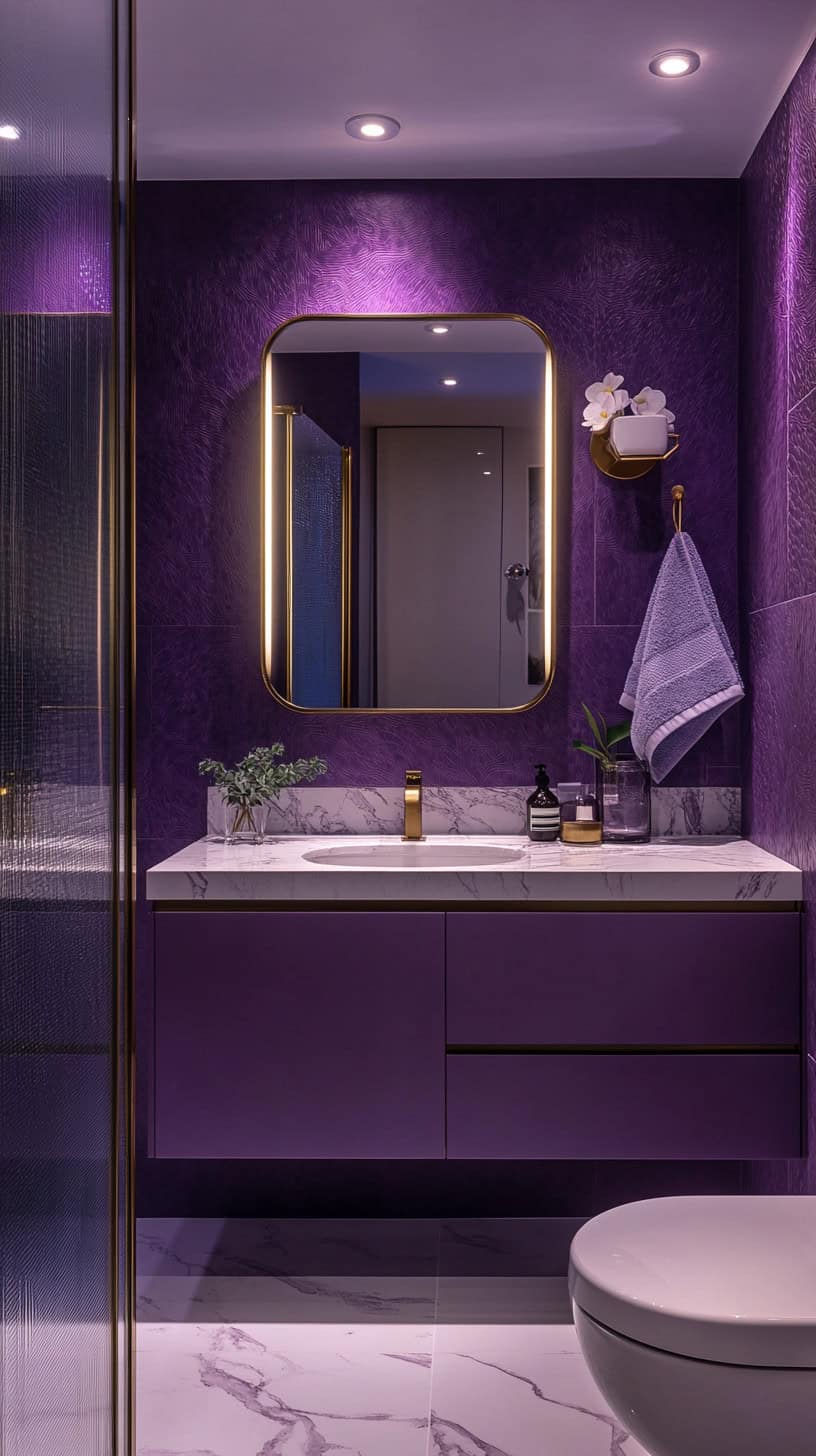 Purple bathroom with decor