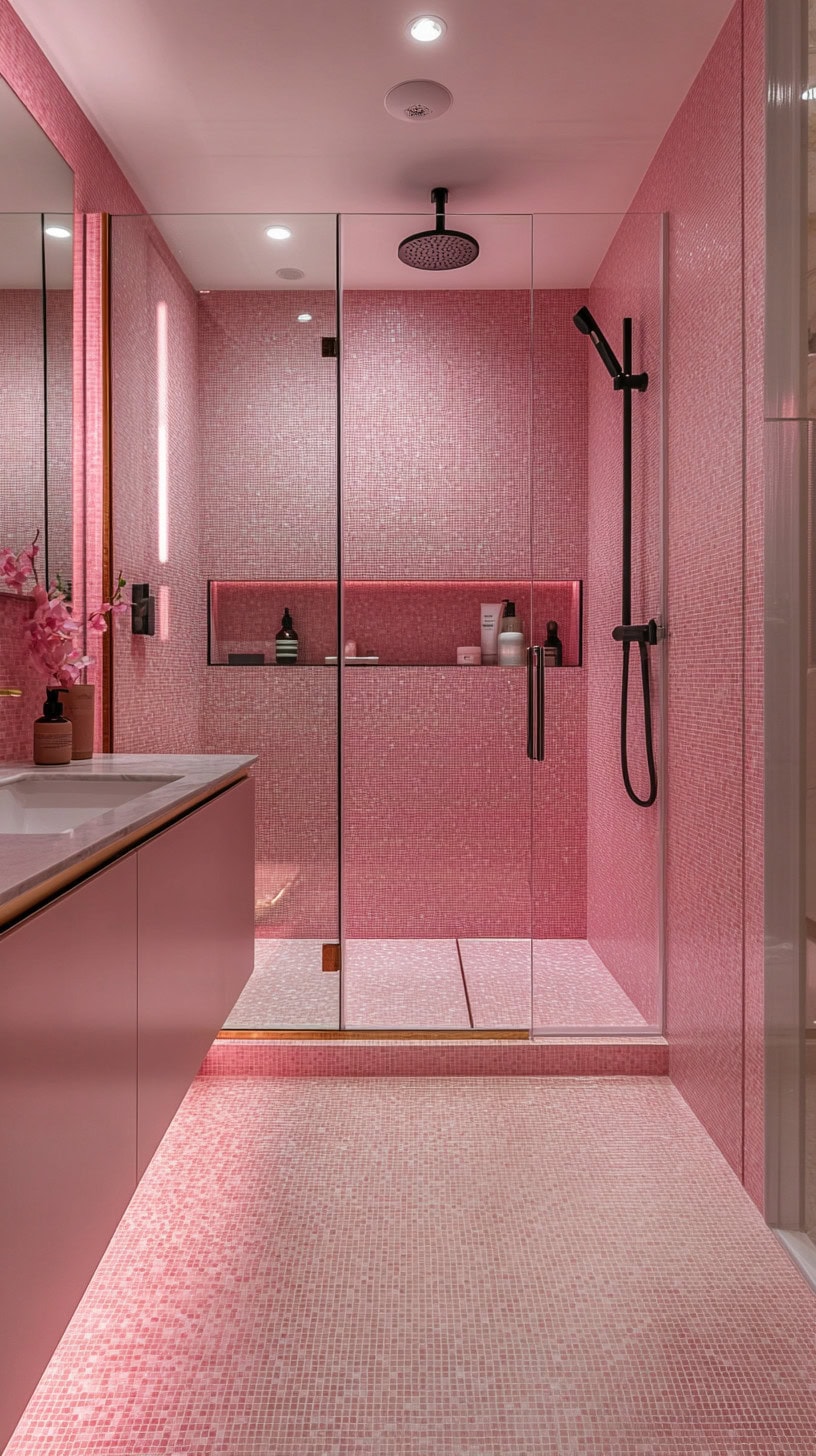 Bathroom with pink mosaic tiles