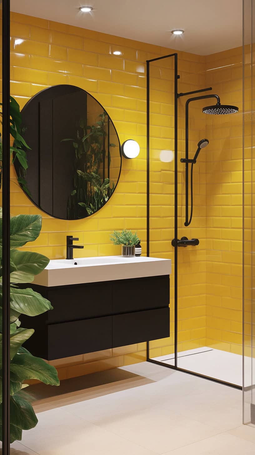 Bathroom with yellow subway tile