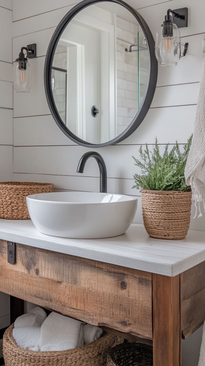 Rustic farmhouse bathroom with vanity and vessel sink