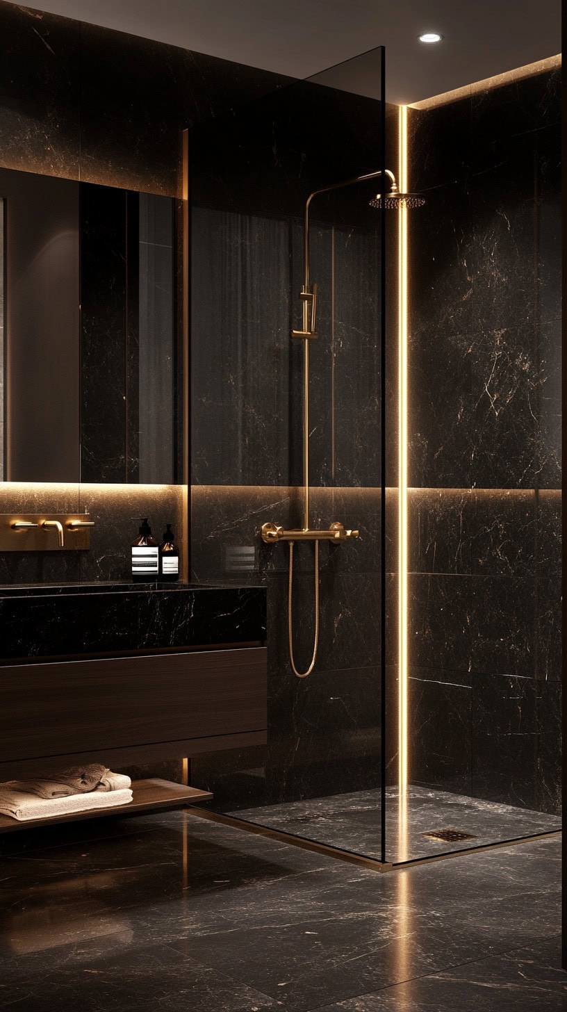 Bathroom with black marble shower