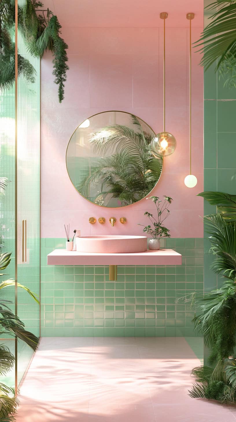 Bathroom with pink and green tile