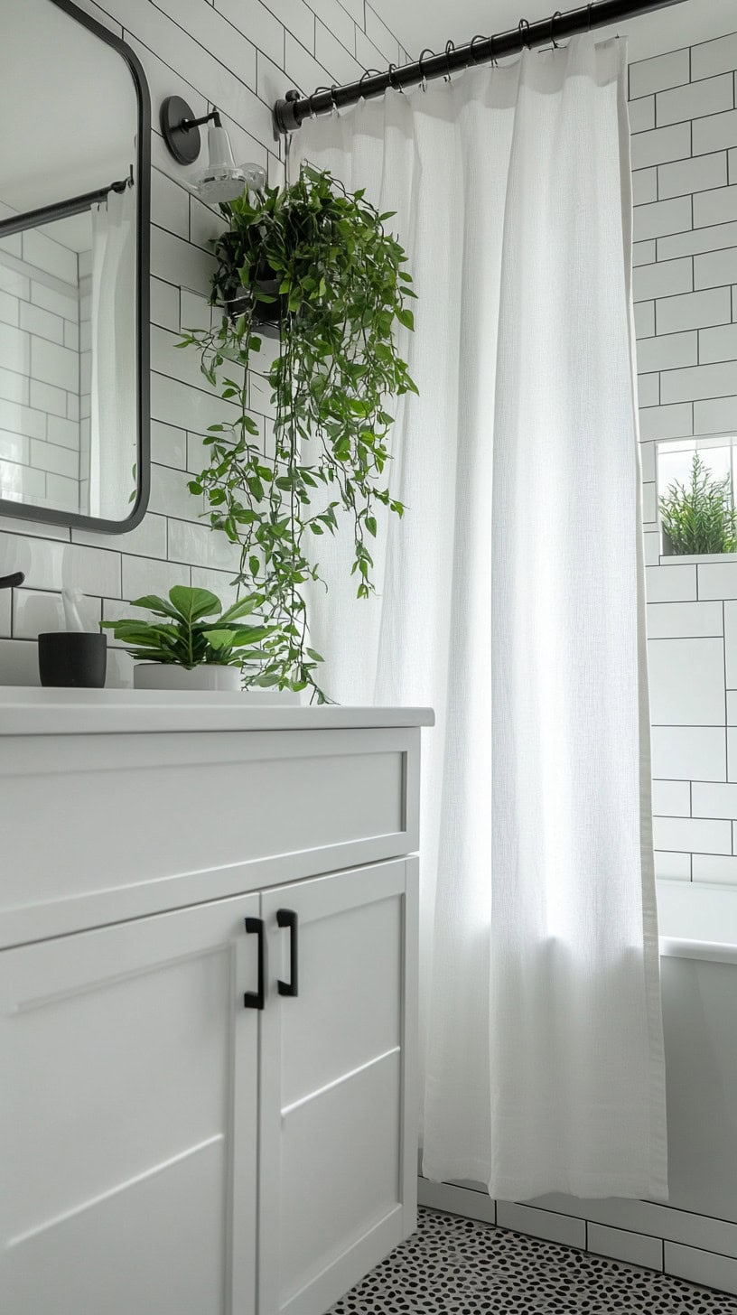 Bathroom with white shower curtain decor
