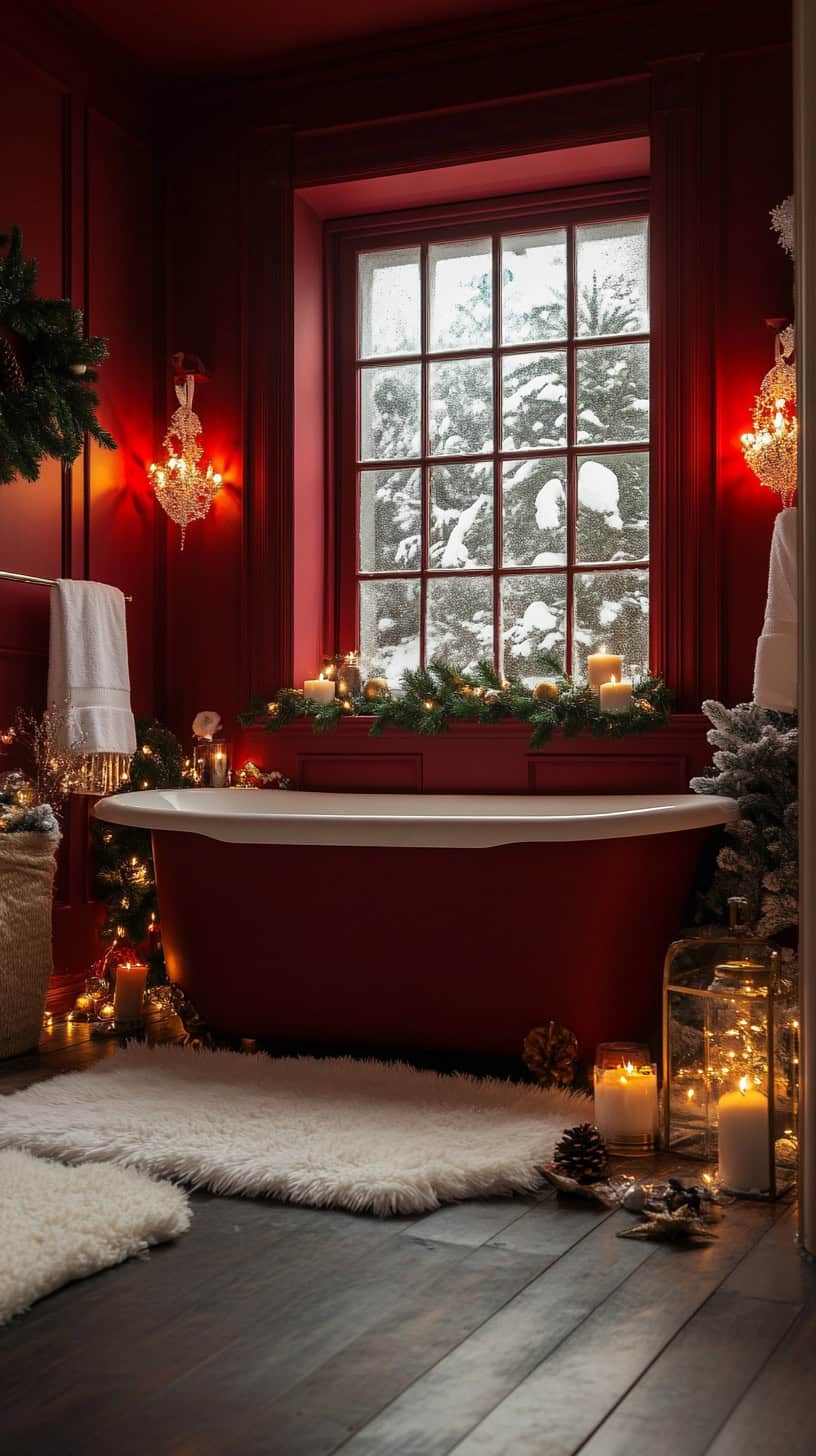 Red bathroom with christmas decor