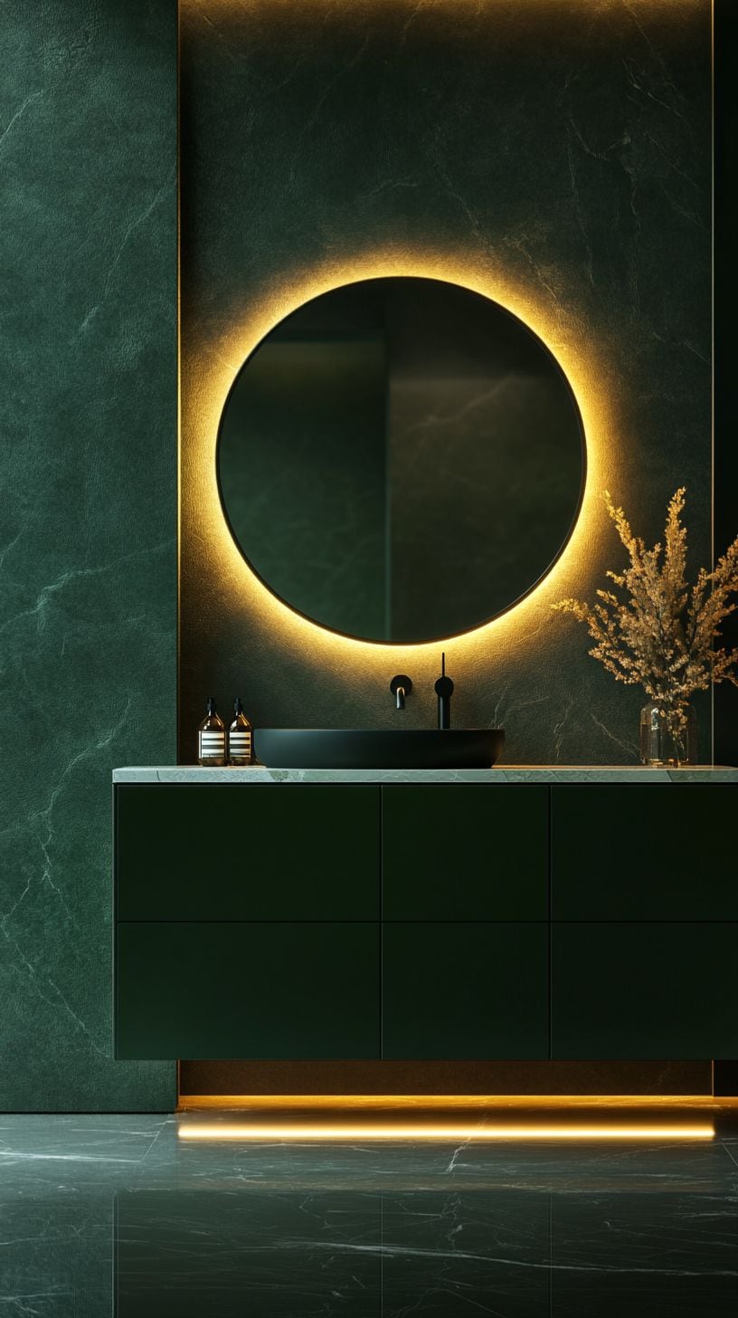 Dark green bathroom with cabinets