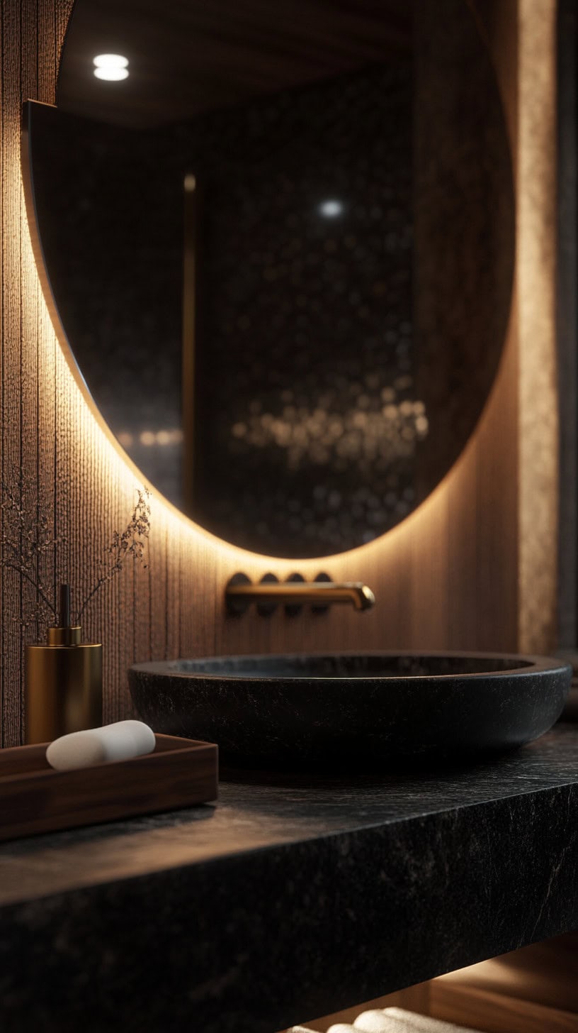 Bathroom with black marble vanity
