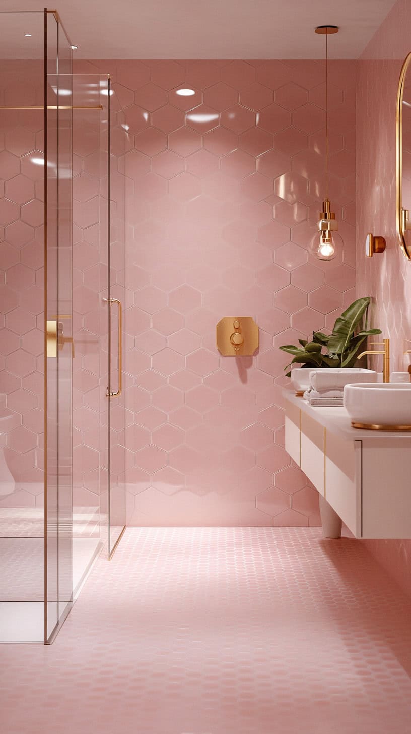 Bathroom with pink hexagon tile