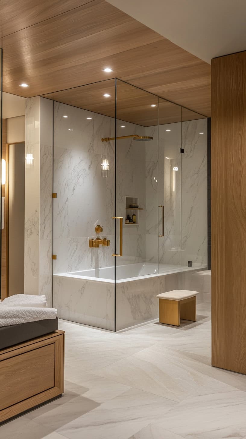 Luxury master bathroom with walk in shower glass doors