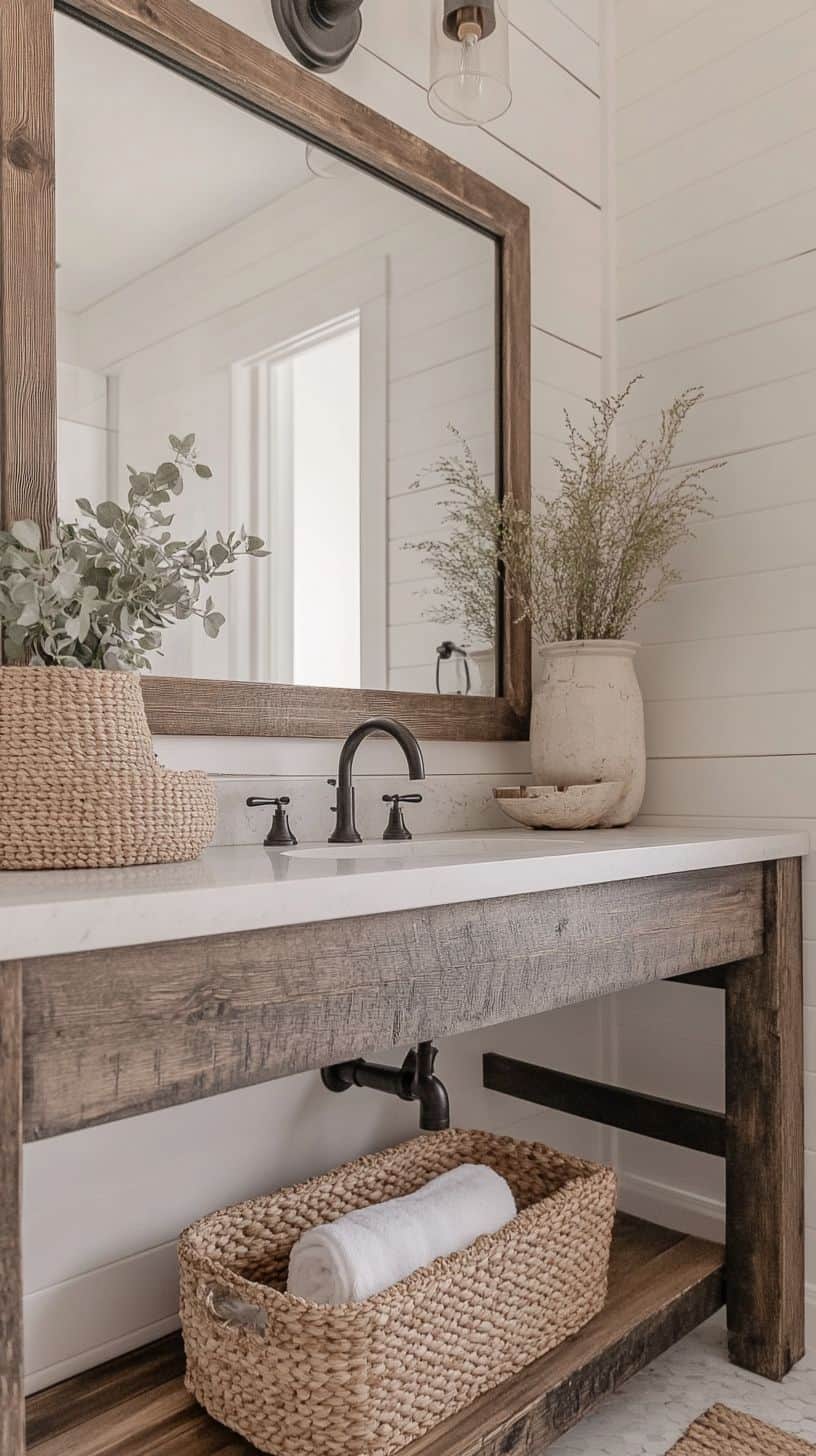 Rustic farmhouse bathroom with mirror