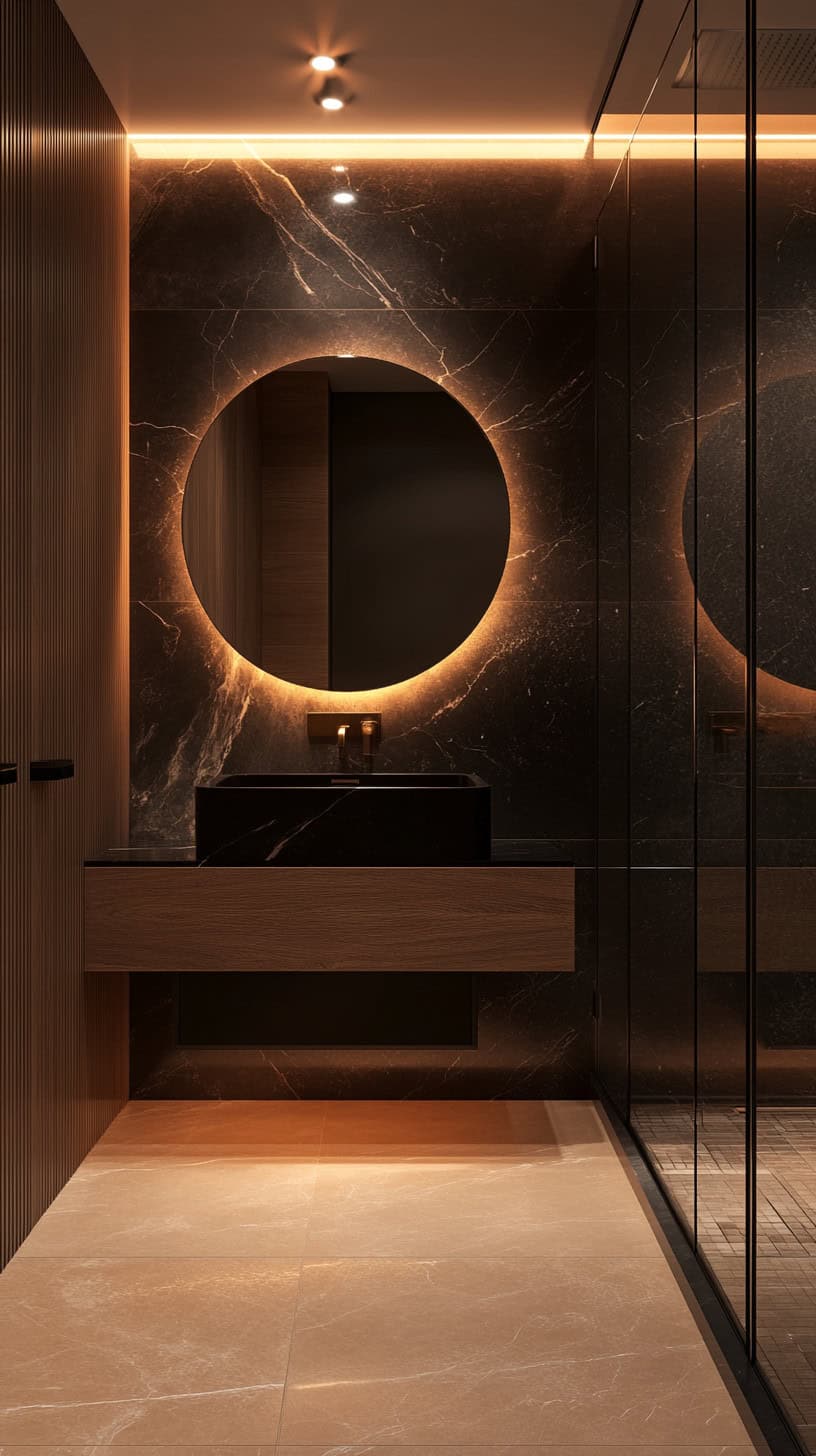 Bathroom with black marble sink