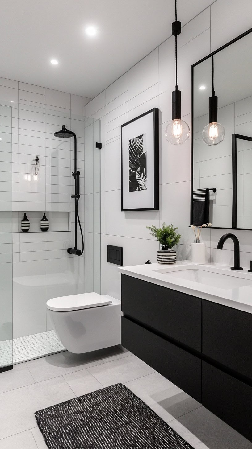 Bathroom with black and white wall decor