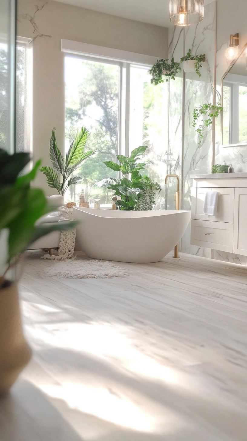 Luxury master bathroom with vinyl plank flooring