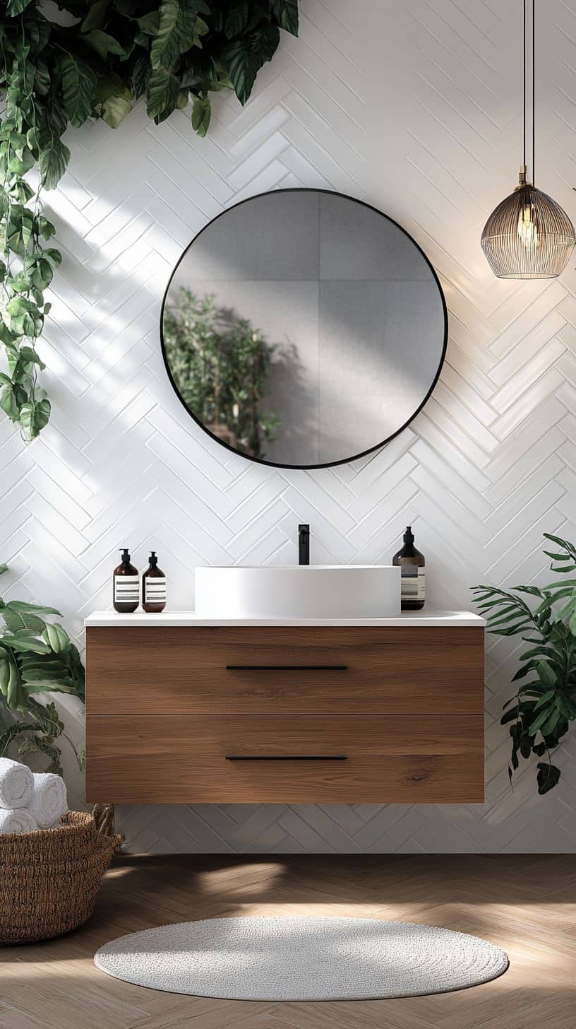 Bathroom with white herringbone tile