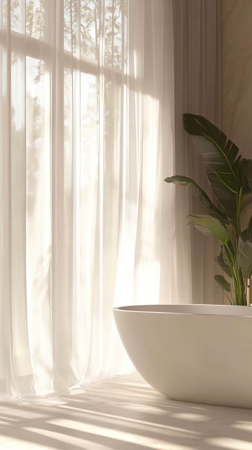 Bathroom with window curtains