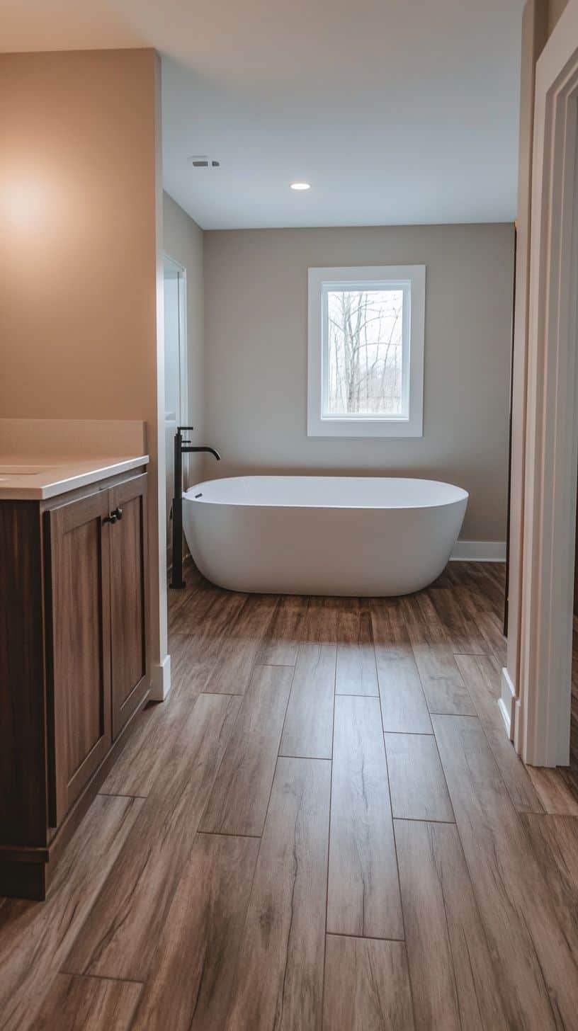 Bathroom with wood tile floor