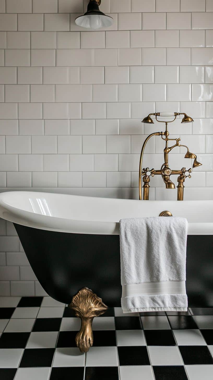 Vintage bathroom with black and white tile