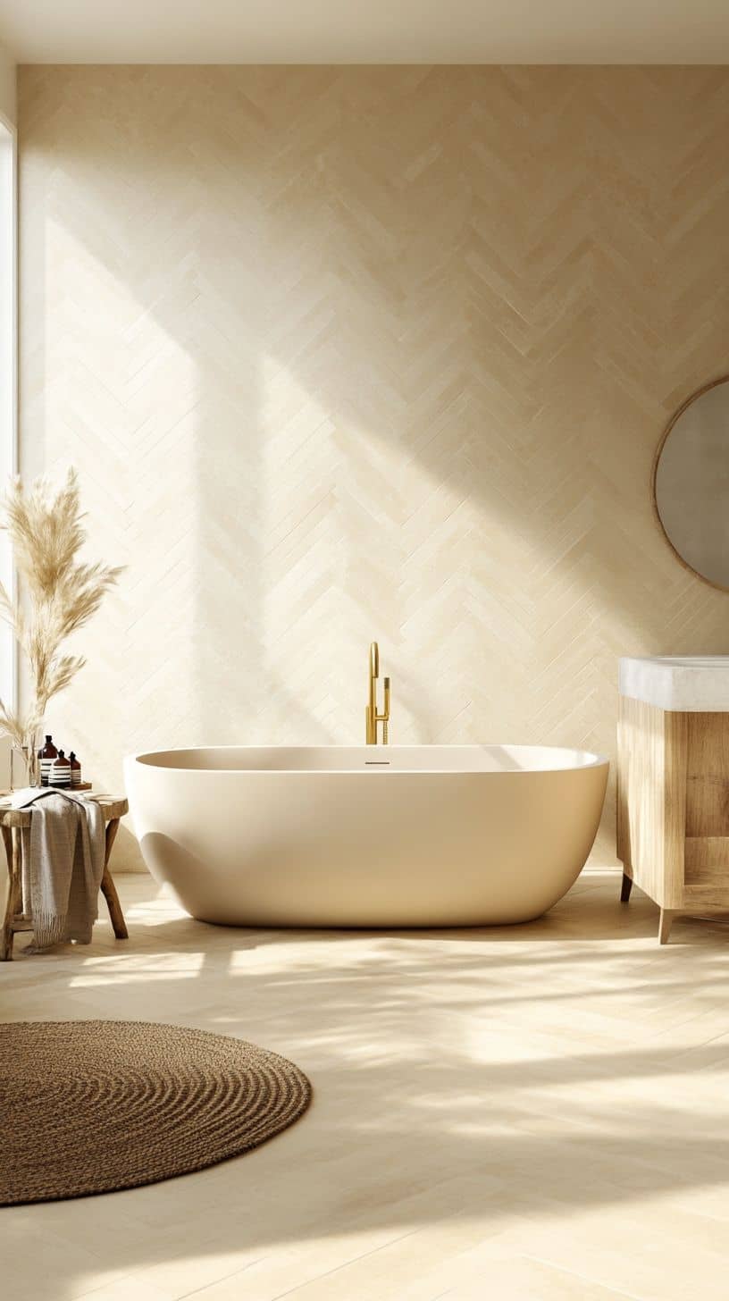 Bathroom with beige herringbone tile