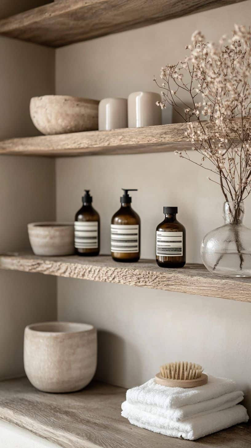 Bathroom with open shelving storage