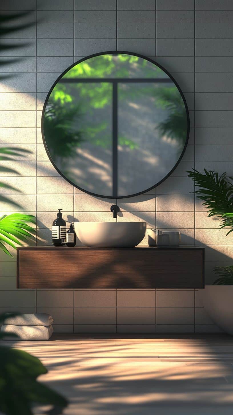 Bathroom with round mirror