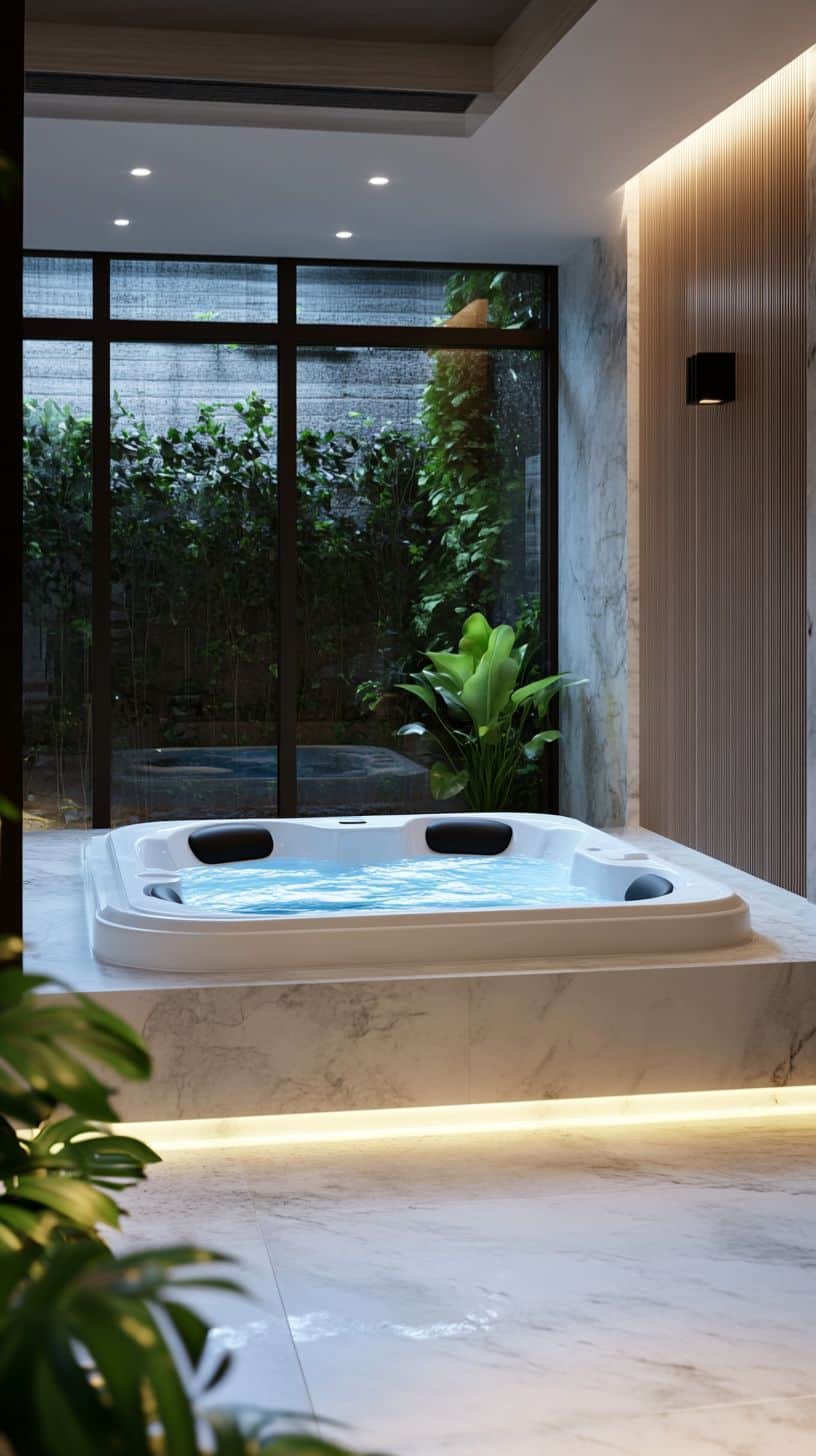 Bathroom with square jacuzzi tub