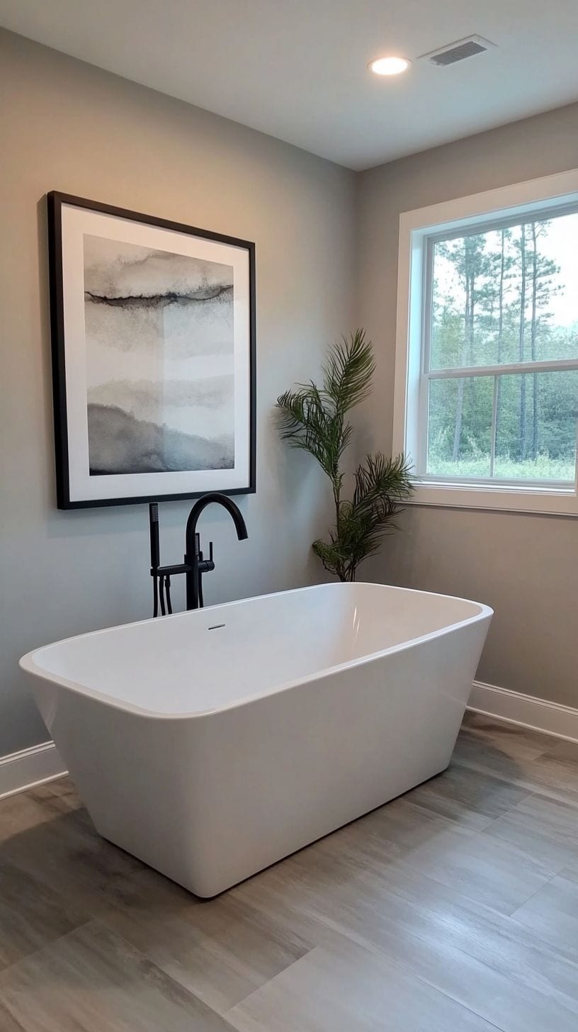 Bathroom with wall decor over bathtub