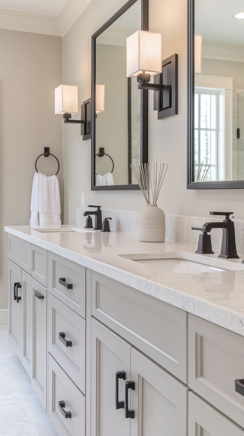 Neutral bathroom with black fixtures