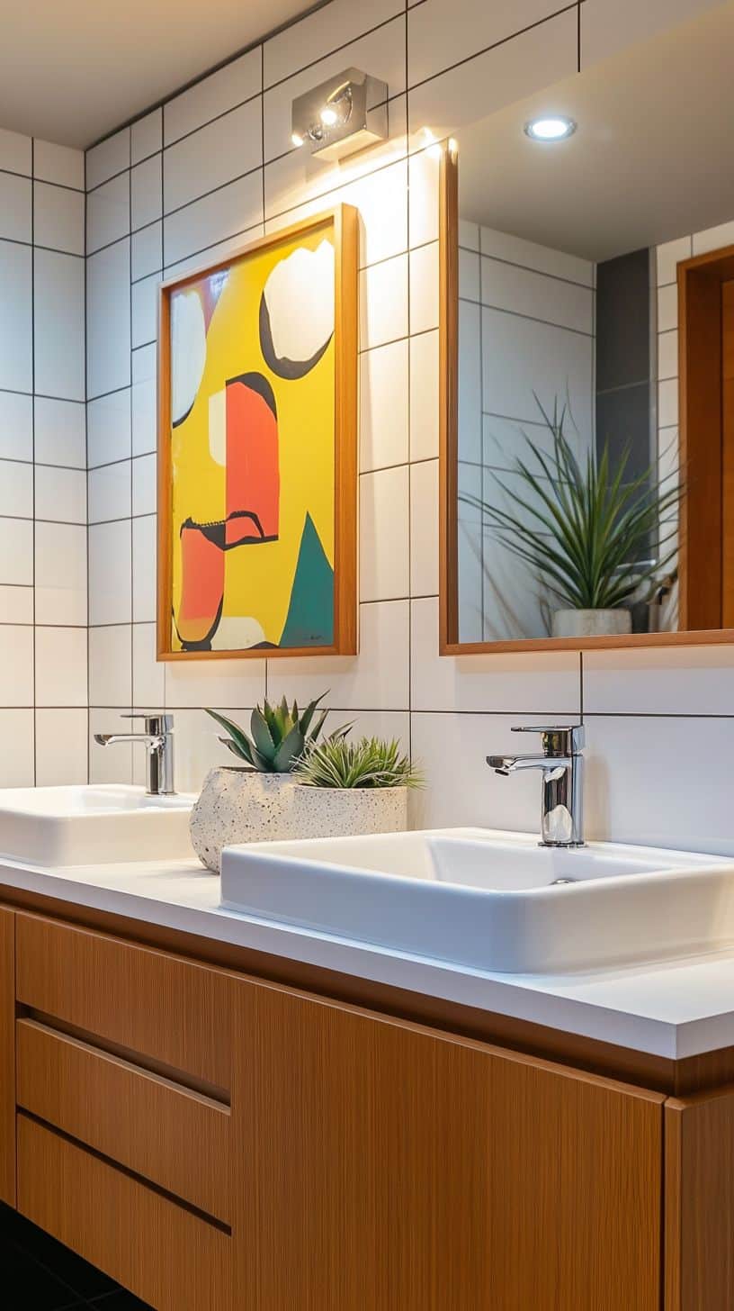 Retro bathroom with art