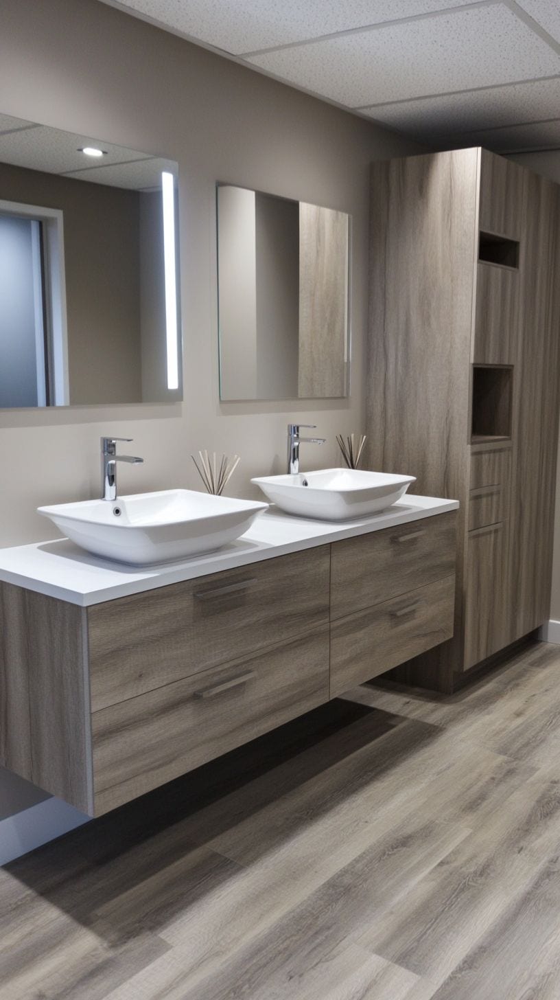 Bathroom with double sink vanity and tower