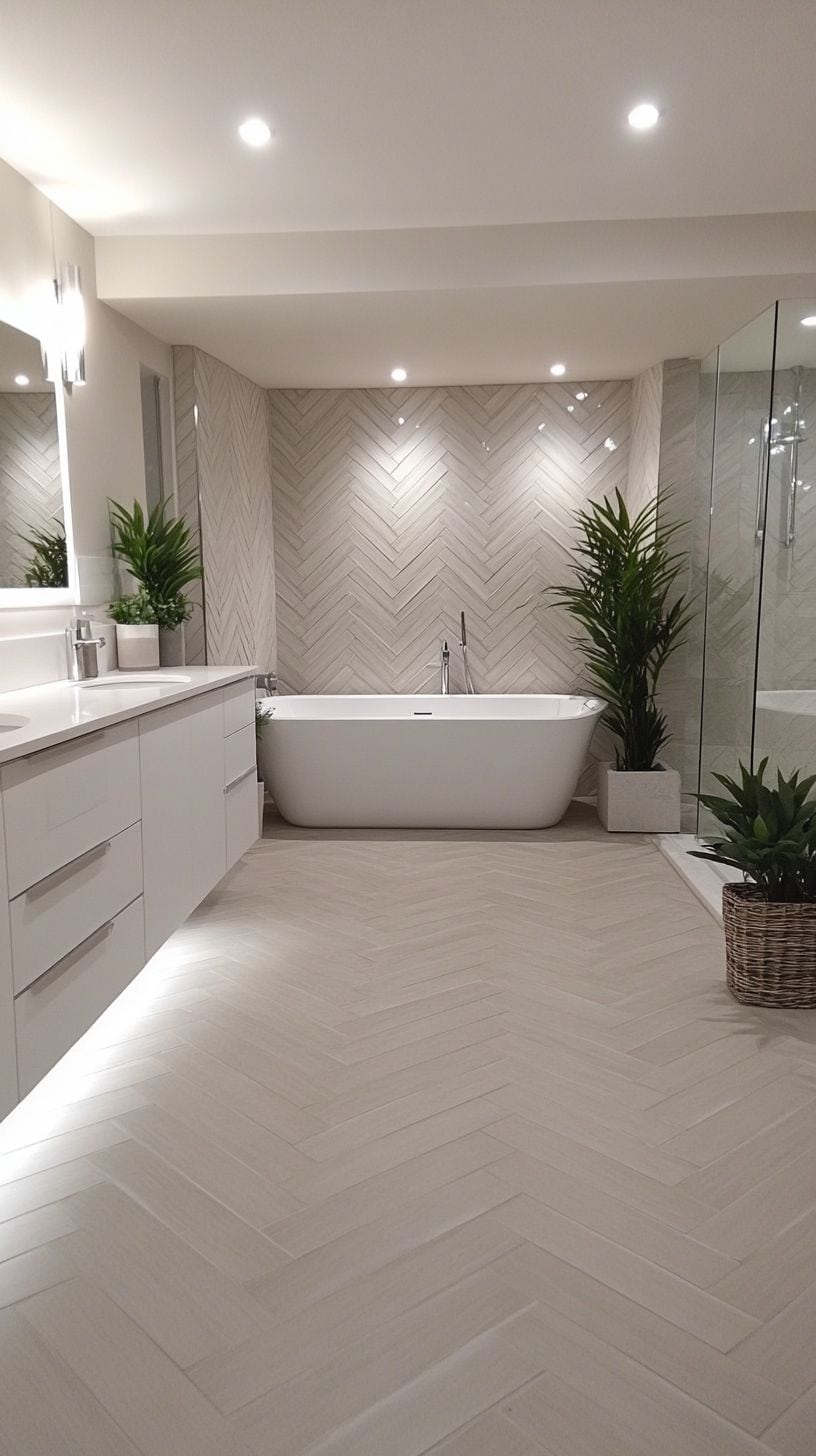 Bathroom with large herringbone tile floor