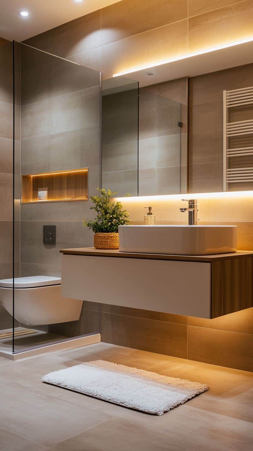 Bathroom with large rectangular mirror