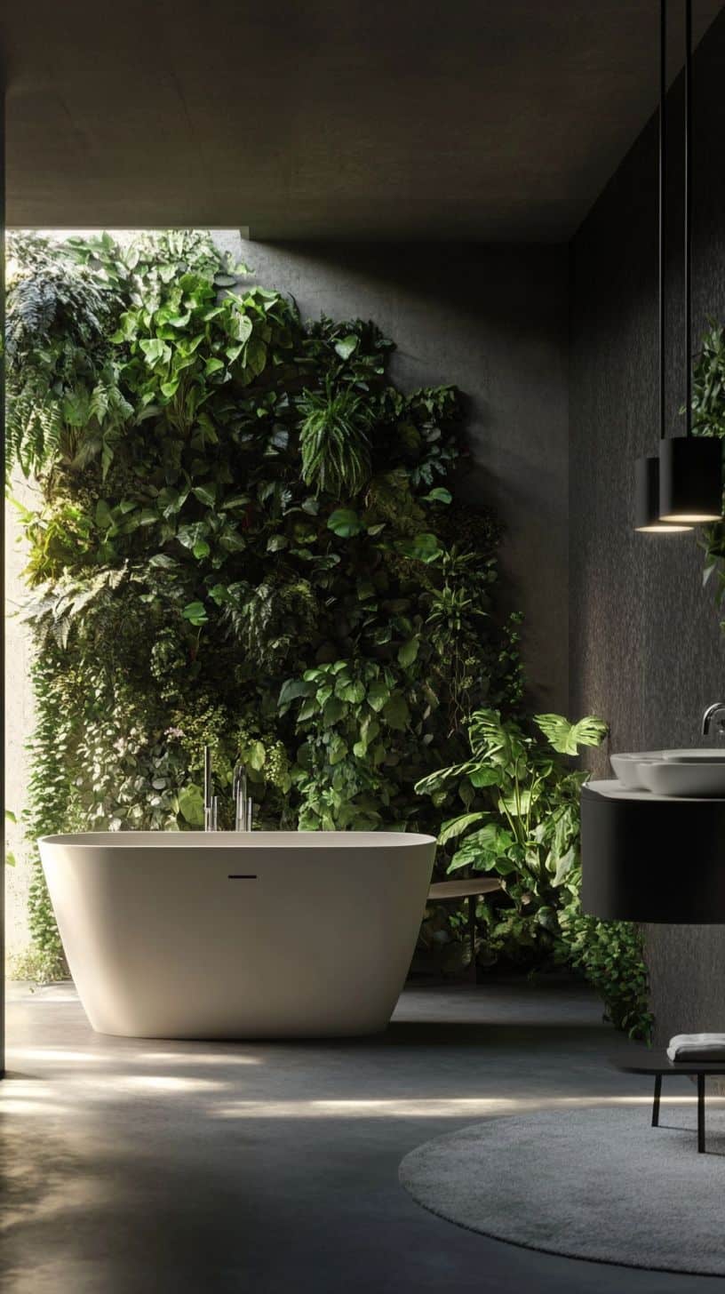 Bathroom with wall plants