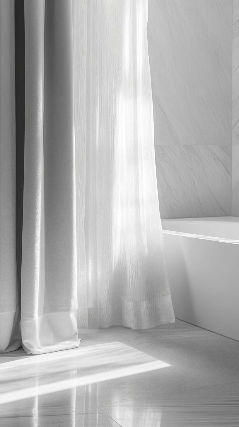 Gray and white bathroom with shower curtain