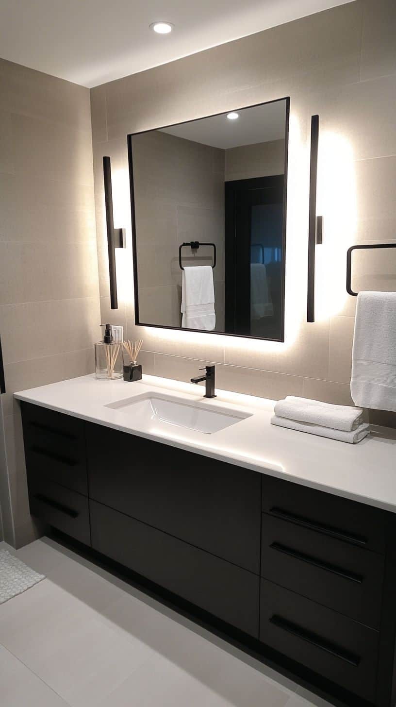 Bathroom with black rectangular mirror