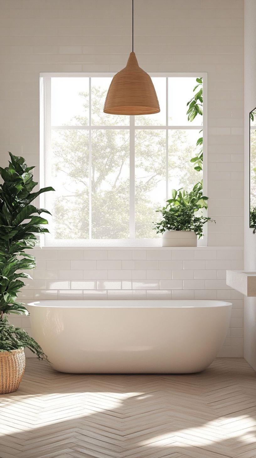 Bathroom with cream herringbone tile