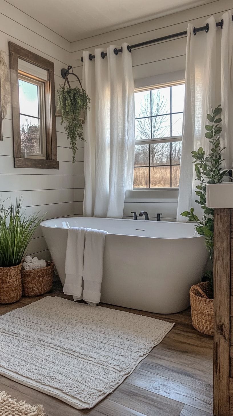 Farmhouse bathroom with curtains